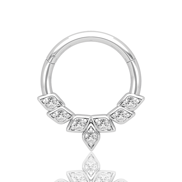 The Reah 11.5mm 14k White Gold Daith Ring Claw Set Gemstone in a Symmetrical Feathered Design
